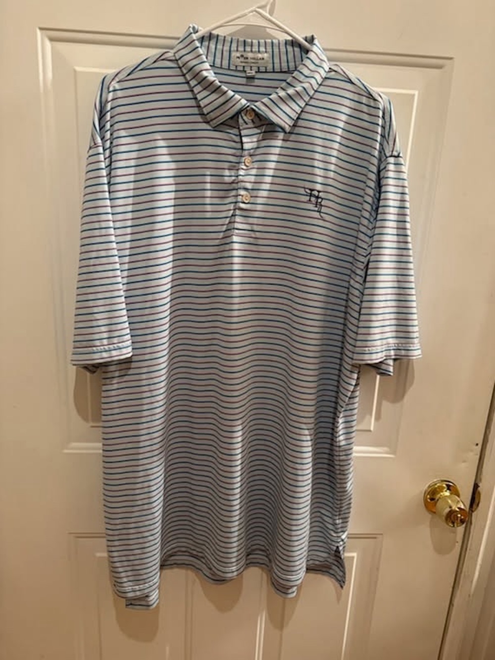 Peter Millar Light Blue Striped Polo with Navy & Pink Accents